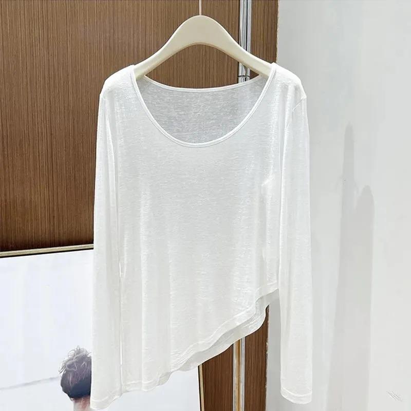Women White Asymmetric Hem Long Sleeve U-Neck Sheer T-Shirt S белый