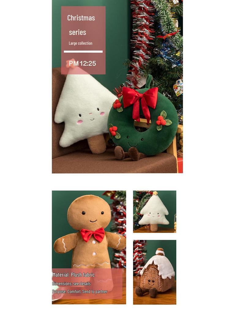 Christmas Holiday Decoration: Tree Plush, Apple Peace Wreath, and Gingerbread Man Throw Pillow.