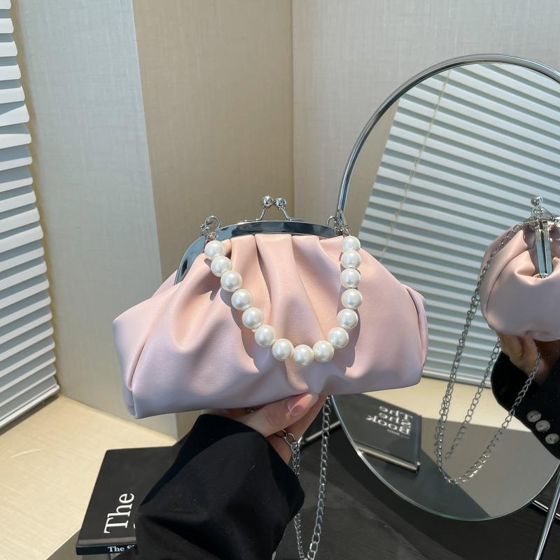 Summer new pleated pearl portable shoulder bag beautiful light luxury trend temperament messenger bag women's bag