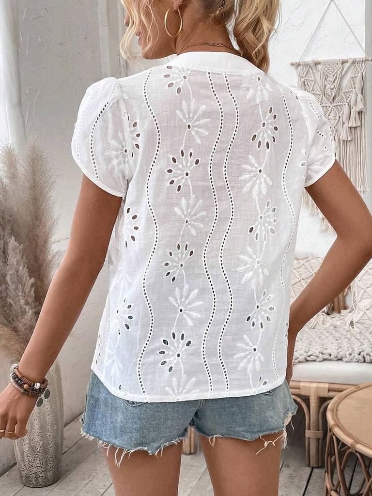 Wind New Women's Outward Bound Clothing Hollow Lace V-Neck Cardigan Short Sleeve Shirt for Women