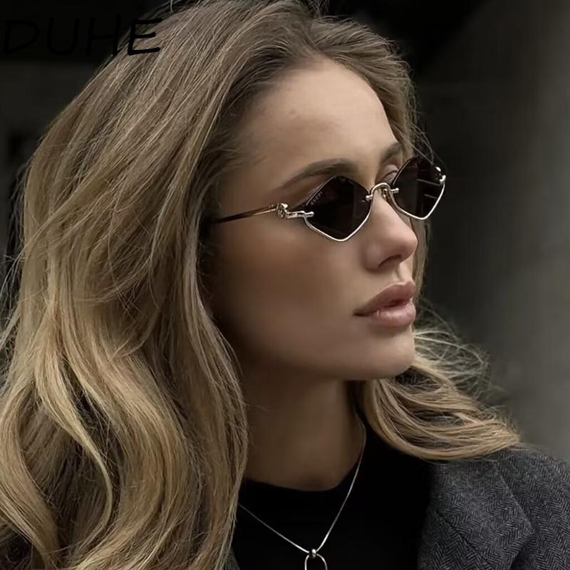 New Metal Half-frame Sunglasses, Fashionable Small Diamond-shaped Half-frame Sunglasses, Simple Literary Beach Sunglasses UV400