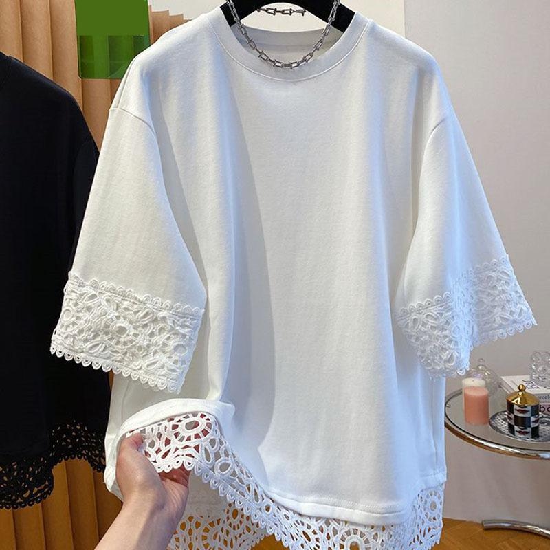 Tops Women Summer Large Size T-shirt Lace Comfortable  Loose Printed Casual Pullover T-shirt Top