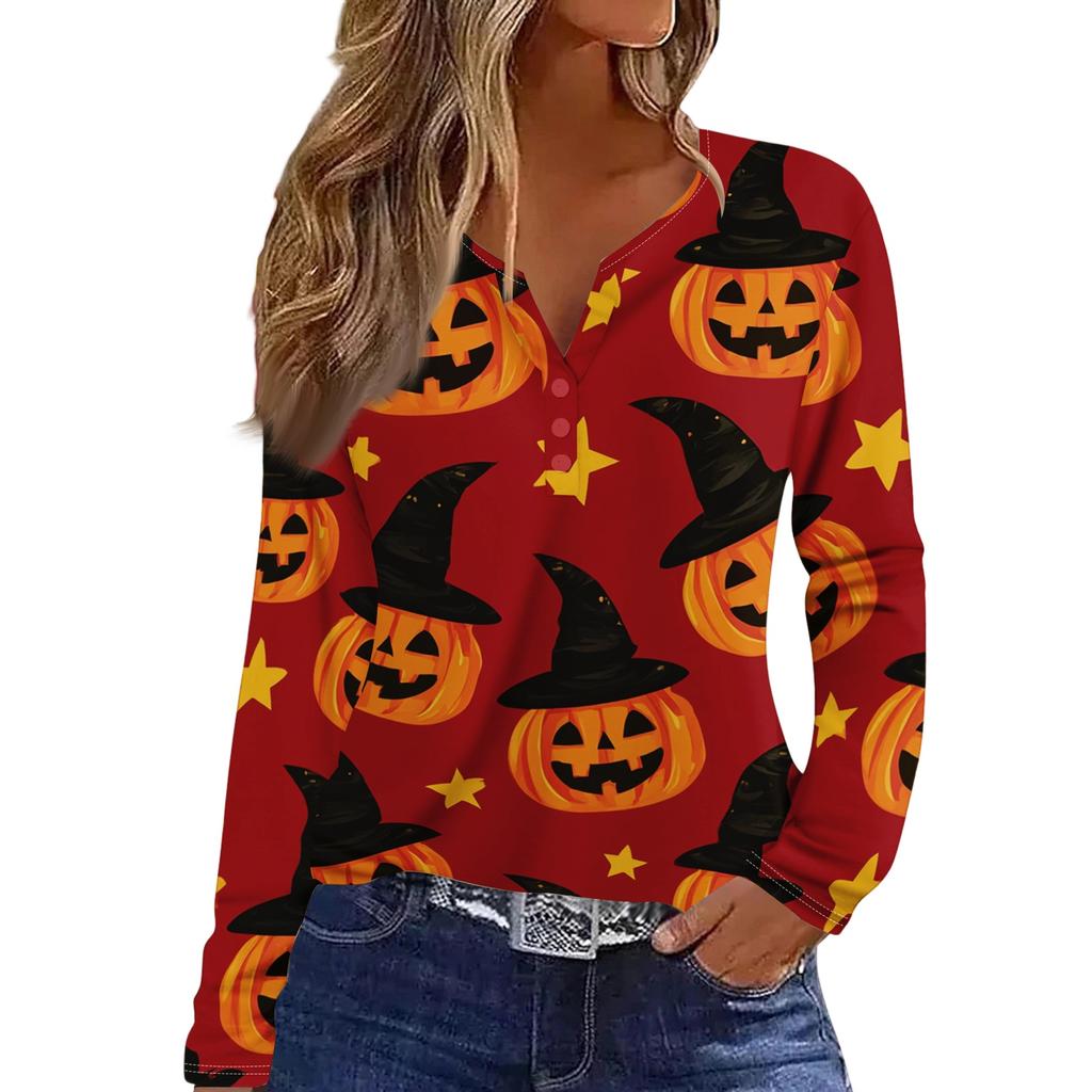 Women's Casual Halloween Printed V-Neck Long Sleeve T-Shirt with Decorative Buttons