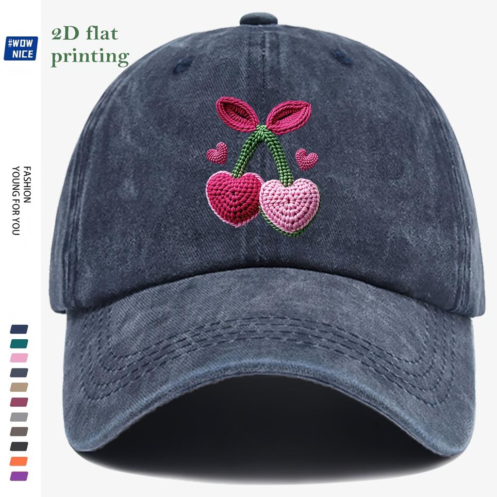 pc ThreeDimensional Flat IronOn Cherry Baseball Cap Crocheted PinkPurple Heart Cherries with Green Leaf Vines Accented wit