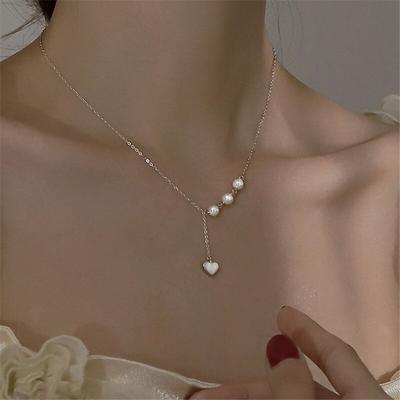 Ton Argent Cœur Charme Femme Colliers Pendentif Perle Ronde Nuptiale Mariage Occasion Rassemblement Rassemblement Bijoux Accessoires Ras de cou