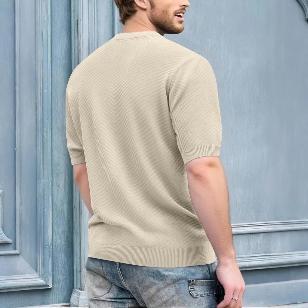 Men's Summer T-shirt Knitted European And American Retro Style Round Neck Long Sleeved Shirt