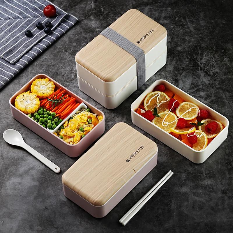 Mikrowellen-Doppelschicht-Lunchbox 1200ml Holzoptik Salat-Bento-Box BPA-frei Tragbare Behälterbox Arbeiter Student
