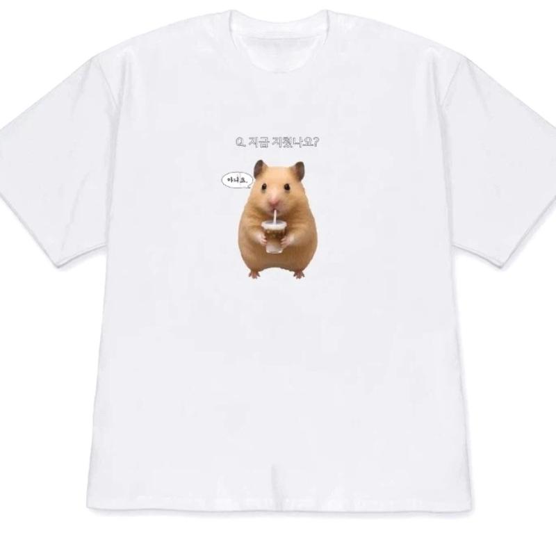 Versatile Korean Lucky Hamster Short-sleeved Printed T-shirt Tops Women Cute Kawaii Hamster Meme Graphic Casual Streetwear Y2k