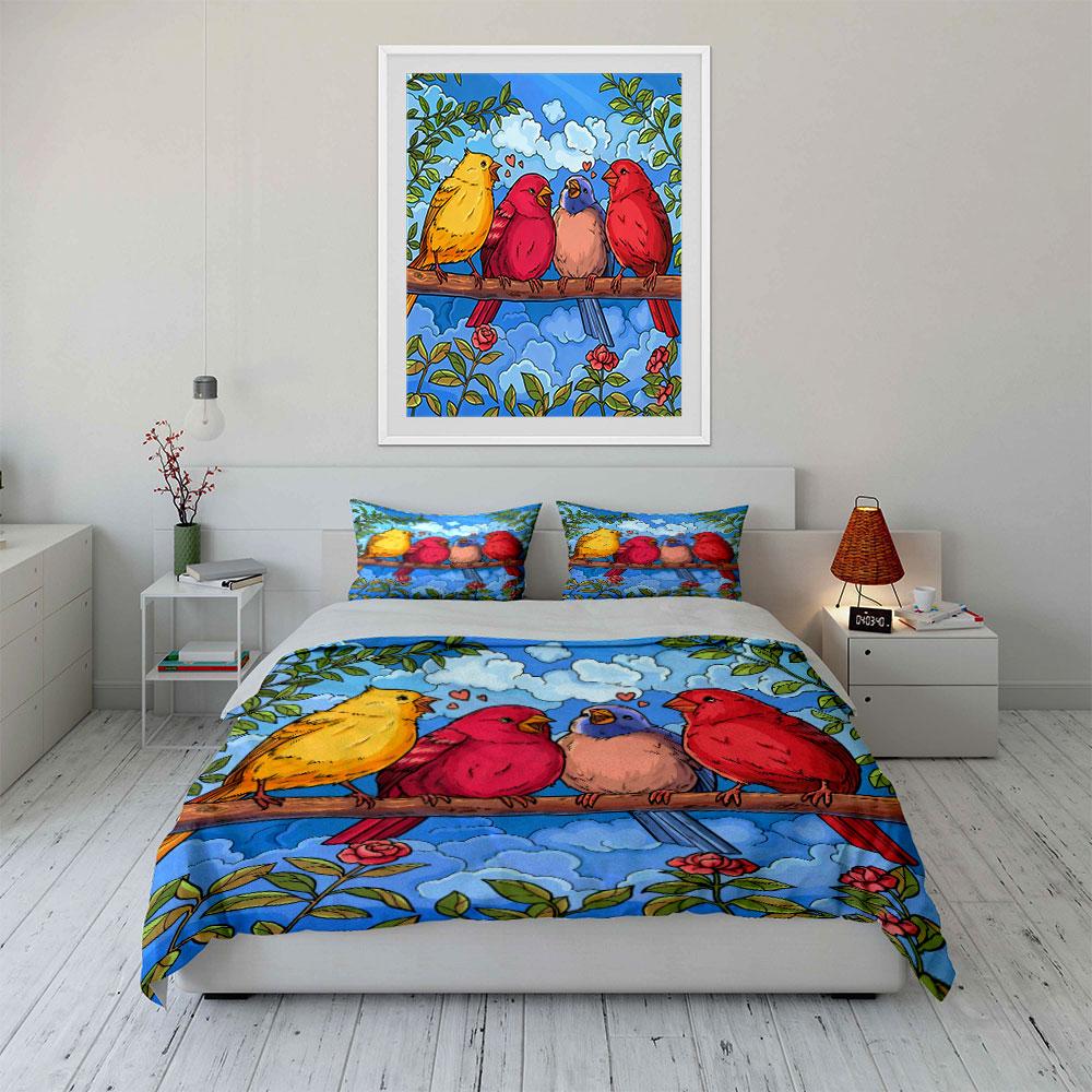Bunte Vögel Kunst Dekor Set Weiche Bequeme Bettbezug Bettwäsche Set Enthalten 1*Bettbezug & 2*Kissenbezüge, Geschenk