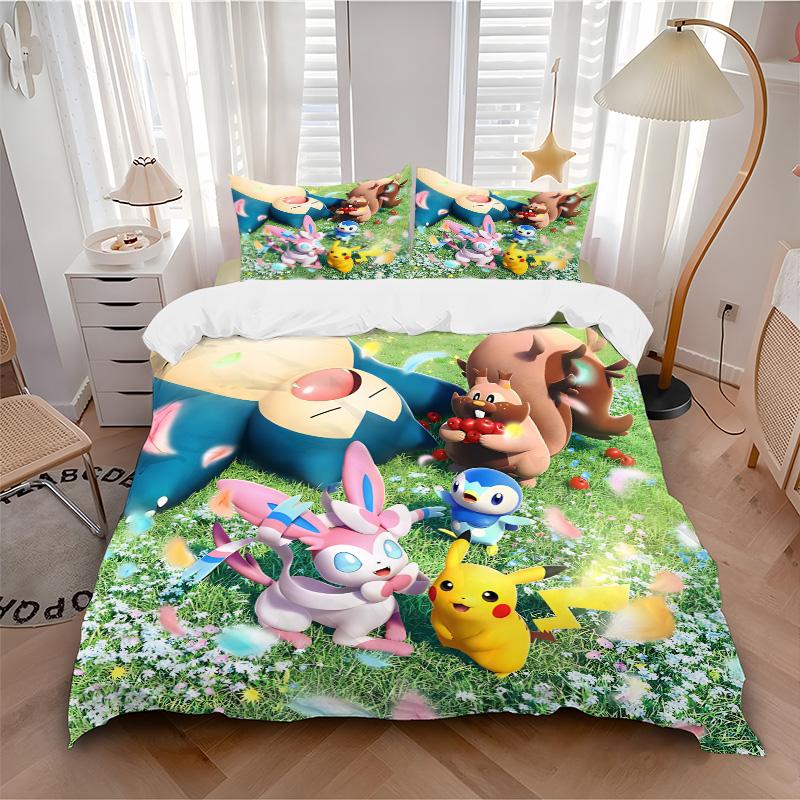 Meadow Pokmon Friends Print 3Pcs Bedding Set,Duvet Cover with 2 Bedro,Pillowcase Home Birthday Gift