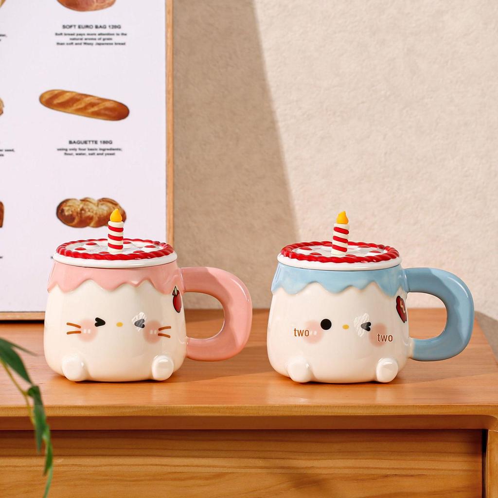 Cute Birthday Cat Candle Mug with Lid & Spoon - Heart Coffee Cup Gift