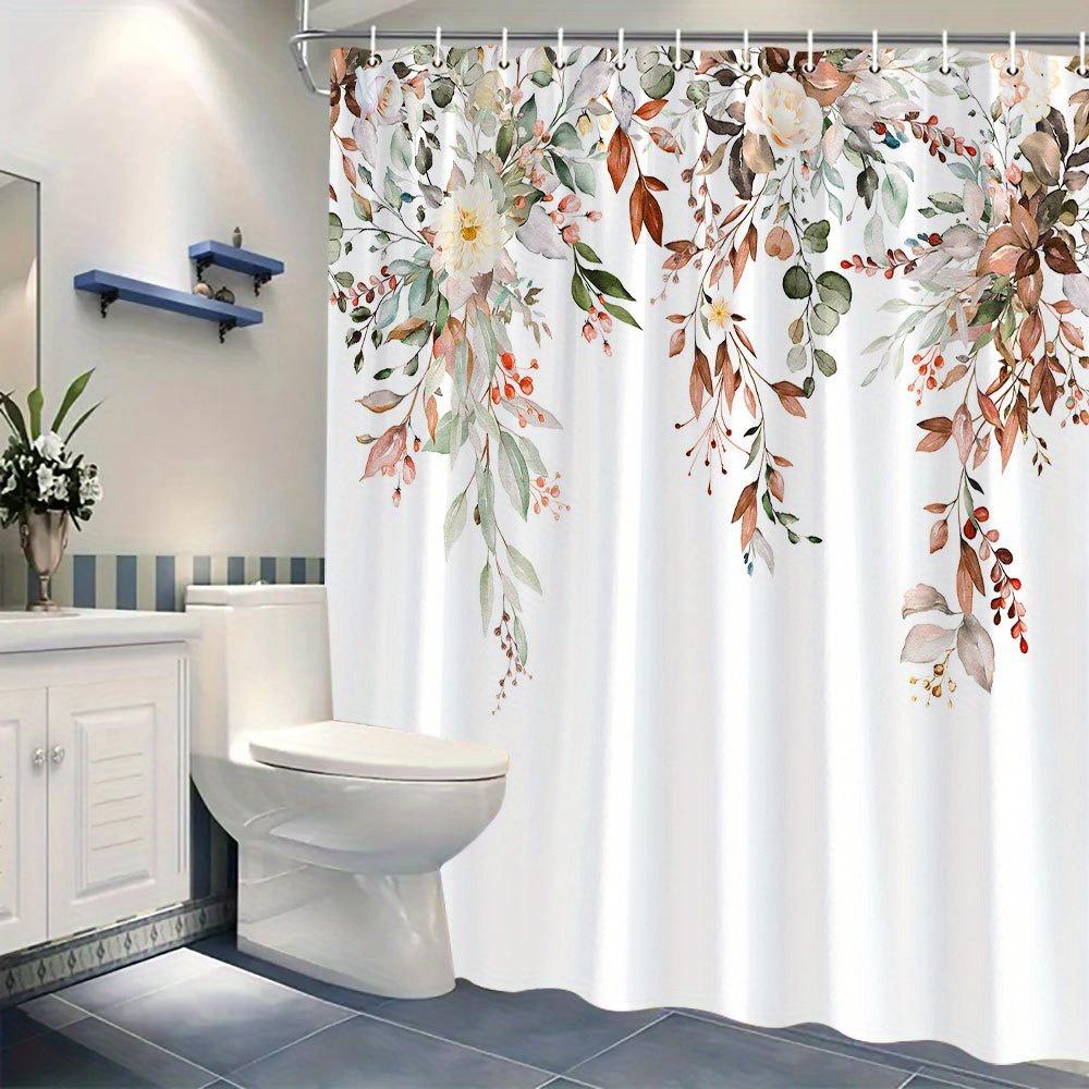 1 Elegant floral watercolor shower curtain-white and pink roses with green leaves and red berries, machine washable for bathroom