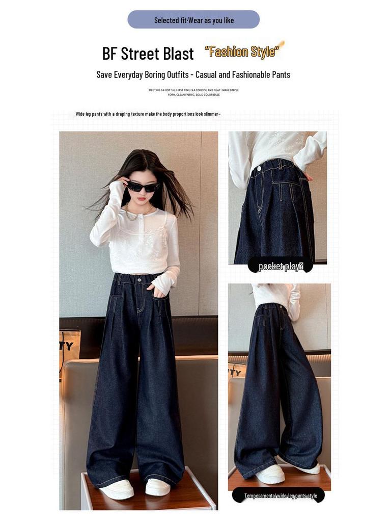 2025 Mädchen Dunkelblaue Weitbeinige Jeans mit Fleecefutter - Stilvolle Herbst-/Winterhose für Mittelschülerinnen