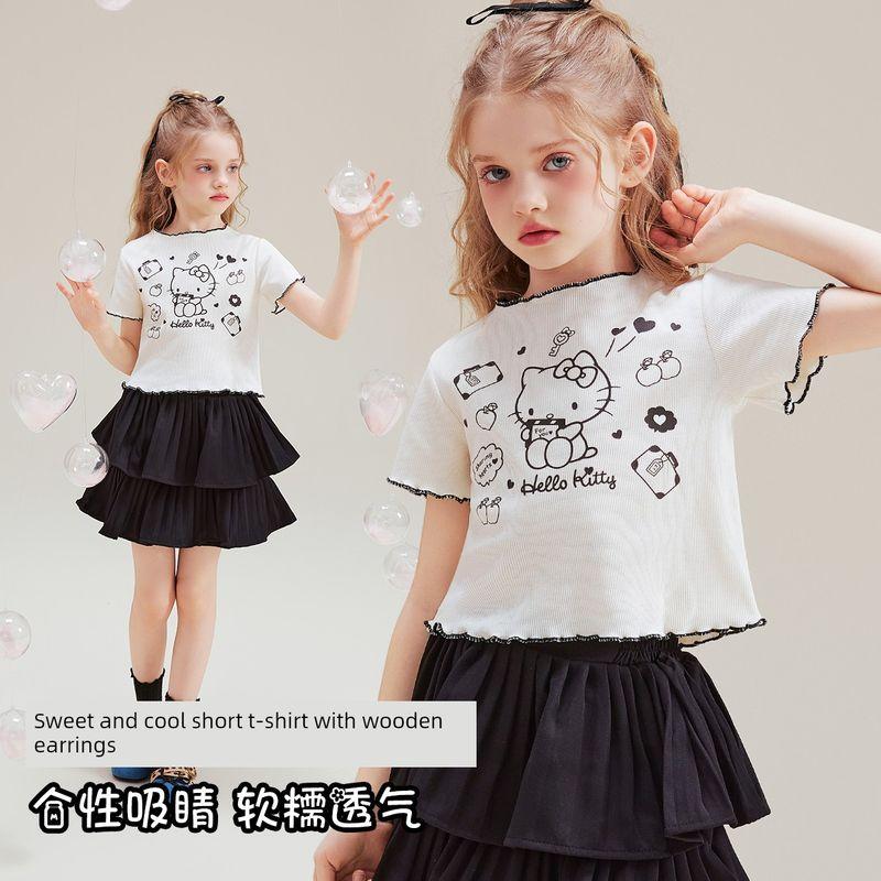 Hello Kitty Girls  Summer Short-Sleeve T-Shirt 2025 New Style with Ruffled Edges, Fashionable Top for Older Children in Summer Apricot color 110