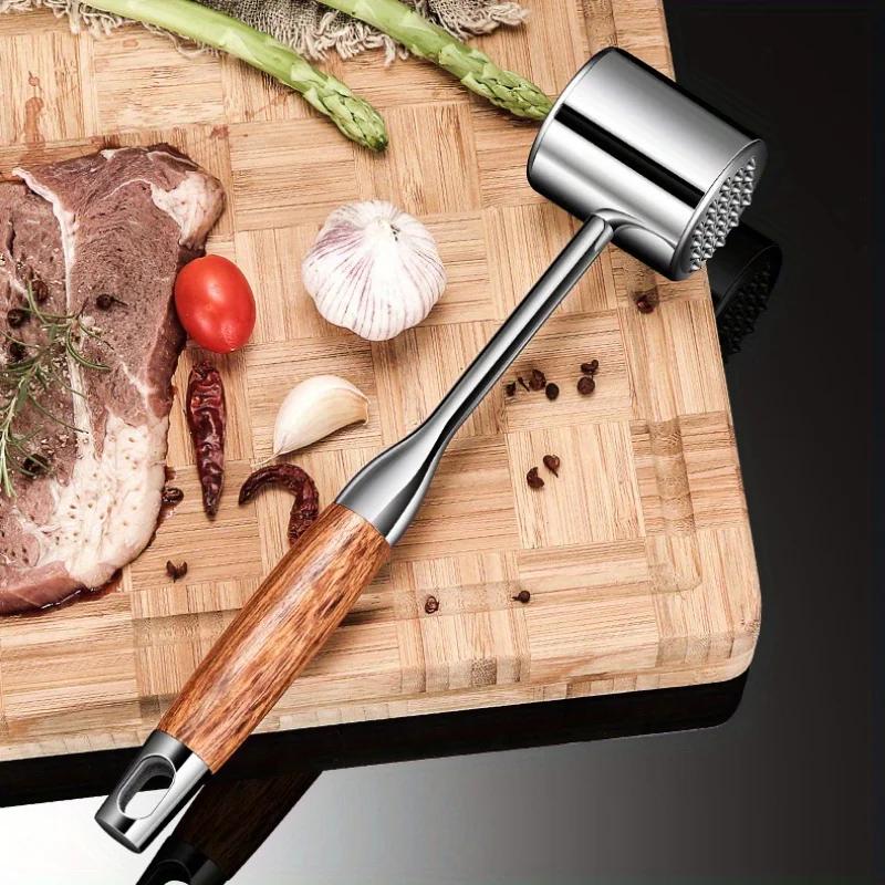 Damaly,304 Stainless Steel Meat Tenderizer Pounder with Wood Handle, Dual-Sided Kitchen Tool for Pounding Meat and Garlic