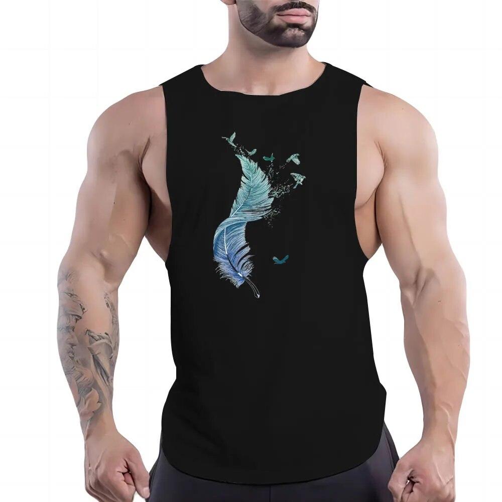 Summer Adult Men'S Outdoor Fitness Crew-Neck Vest Creative Feather Pattern 2d Print Breathable Comfortable Sleeveless Shirt