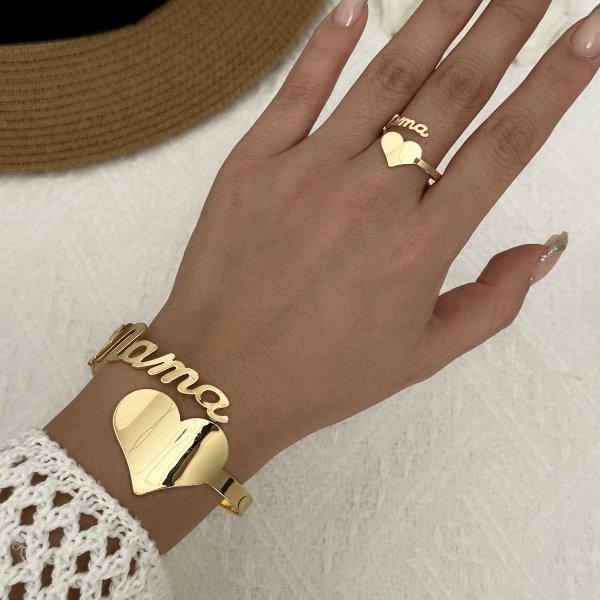 

2 Pcs Gold Color Mama Letter Bracelet Ring Set For Women Love Heart Adjustable Bangle Finger Ring Mother s Day Mom Jewelry Gifts