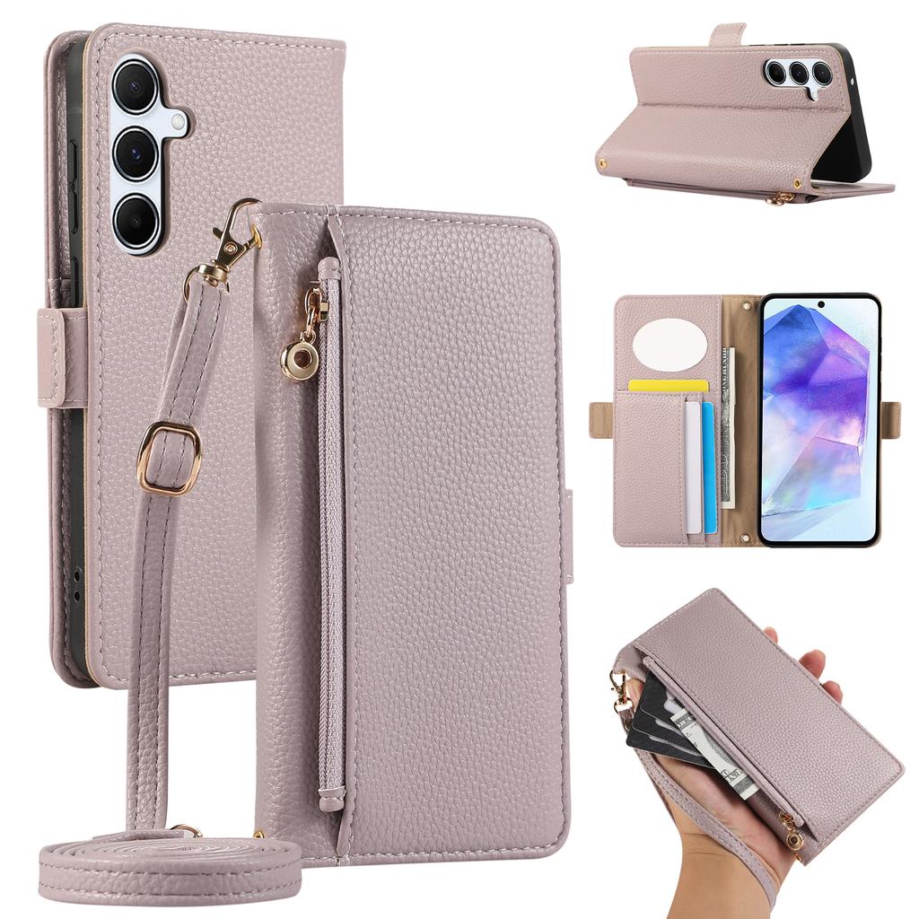 For Samsung Galaxy A55 5G Wallet Phone Case Shockproof TPU+PU Leather Flip Cover with Mirror,Strap