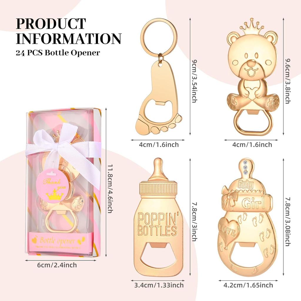 24 Pcs Baby Bottle Opener, Popping Girl Bear Footprint Keychain Bottle Openers with Pink Gift Box, Baby Shower Party Favors for Guests, Wedding