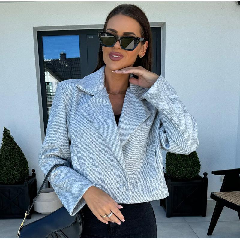 Осень-зима британский костюм воротник однотонный шерстяной маленький пальто женская — фото 11