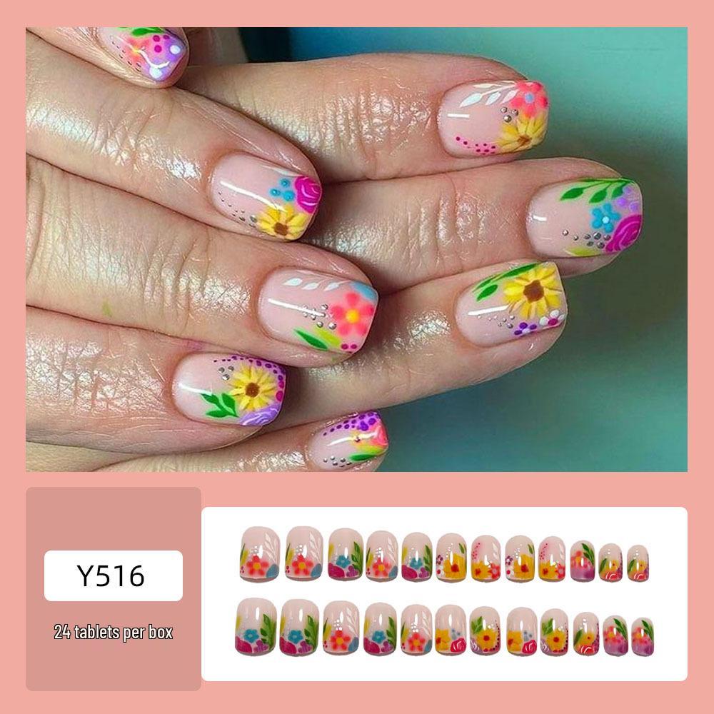Trendy Square Short Multicolor Flower Wearable Nail Tips