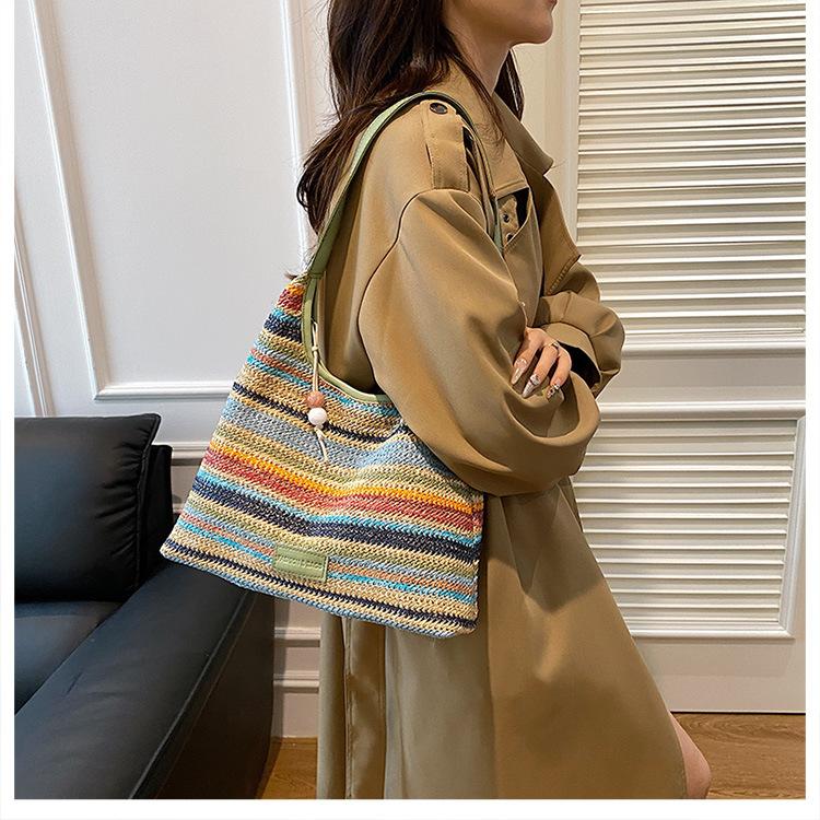 Summer New Straw Handbag Bag Striped Contrasting Color Fashionable Large-capacity Shoulder Portable Tote Bag