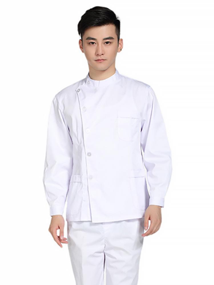 Tandvårdsarbetskläder: Unisex Tvådelat Set med Ståkrage, Sidoknäppning och Vit Rock med Lång/Kort Ärm