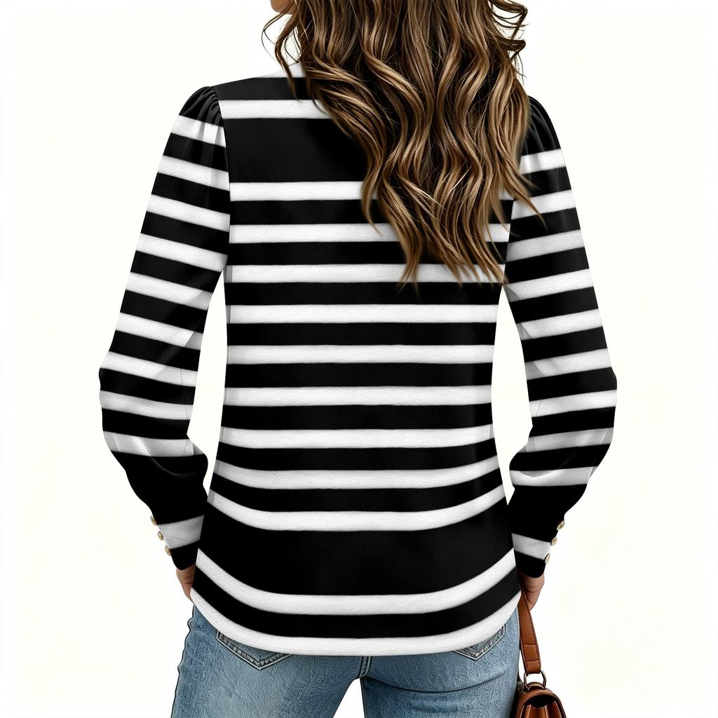 Women's Striped Print Button Down Long Sleeve Blouse Casual Round Neck