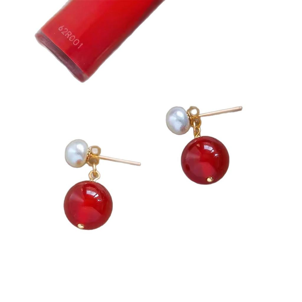 Natural freshwater pearl agate stud earrings women's new Chinese light luxury high-end niche design simple pendant earrings