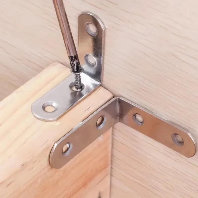 90 Degree L Joint Brackets Stainless Steel Angle Connectors Corner Brace Furniture Wood Shelf Door Cabinet Fastener with Screws