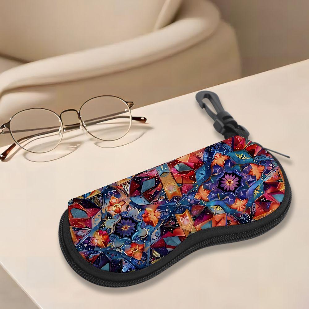2D-Bohemian Geometric Floral Print Sunglasses Case, Vintage Kaleidoscope Pattern Eyeglass Pouch, Protective Zipper Eyewear Holder for Travel Gift