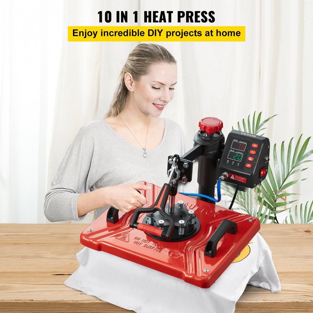 VEVOR Heat Press 30.5x38.1 Cm 10 In 1 Heat Press 1000W Heat Press Machine with 360 Degrees Rotation Swing Away Red Heat Press T-Shirt Sublimation