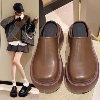 2024 Spring and Autumn New Half-drag Women's Muffin Thick-bottomed Bag Head Drag Women's Retro Round Head Lazy Casual Outer Slippers