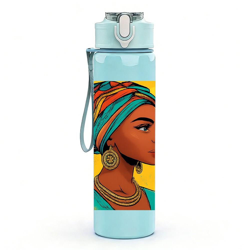 1PC African Girl Colorful Turban Print 750ml Color Plastic Sports Water Bottle Leakproof Flip Straw Lid Suitable for Sports Office Home Use