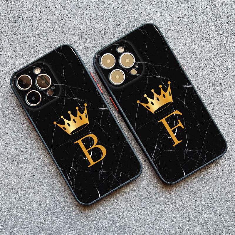 Crown Letter A To Z Phone Case For Iphone 16 13 14 15 Pro Max 11 12 8 7 Plus SE20 X XR XS Marble Pattern Black Shockproof Cover