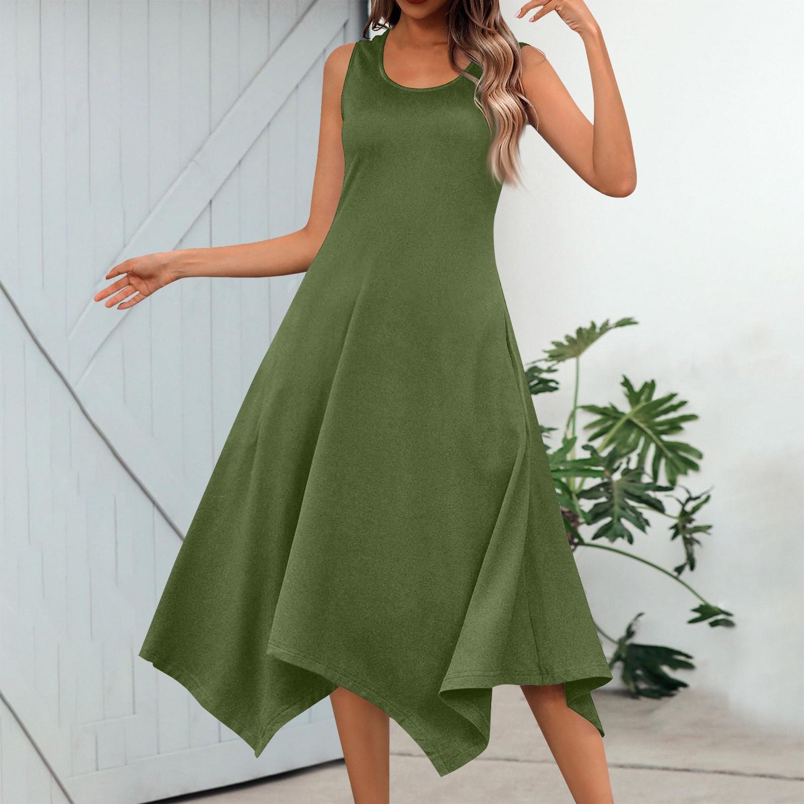 

Женское повседневное модное платье миди без рукавов с круглым вырезом и нерегулярным подолом L армия зеленый