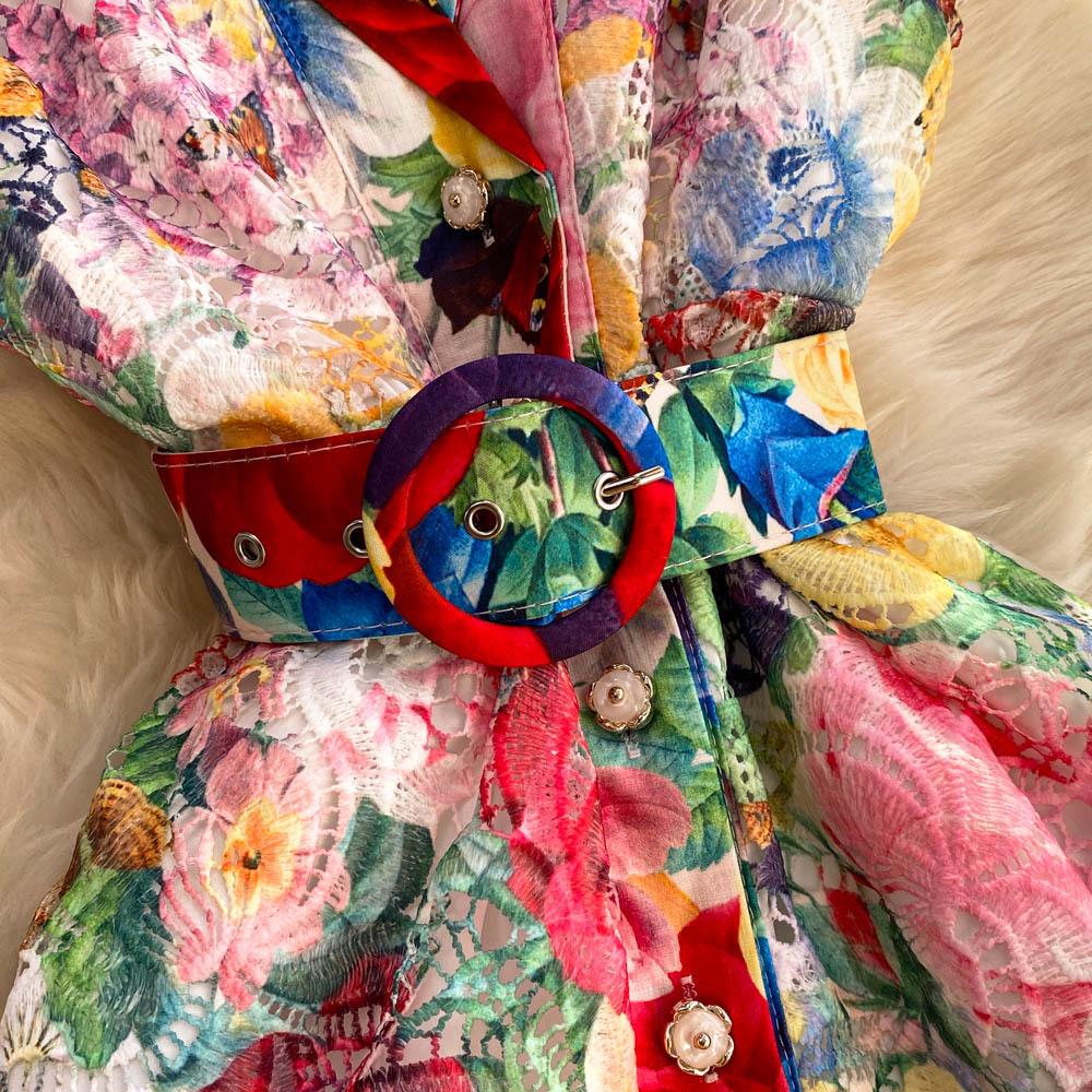 Vacation-style Dress Spring Suit Collar Women's Dress Cinched Waist Elegant Lace Printed Dress