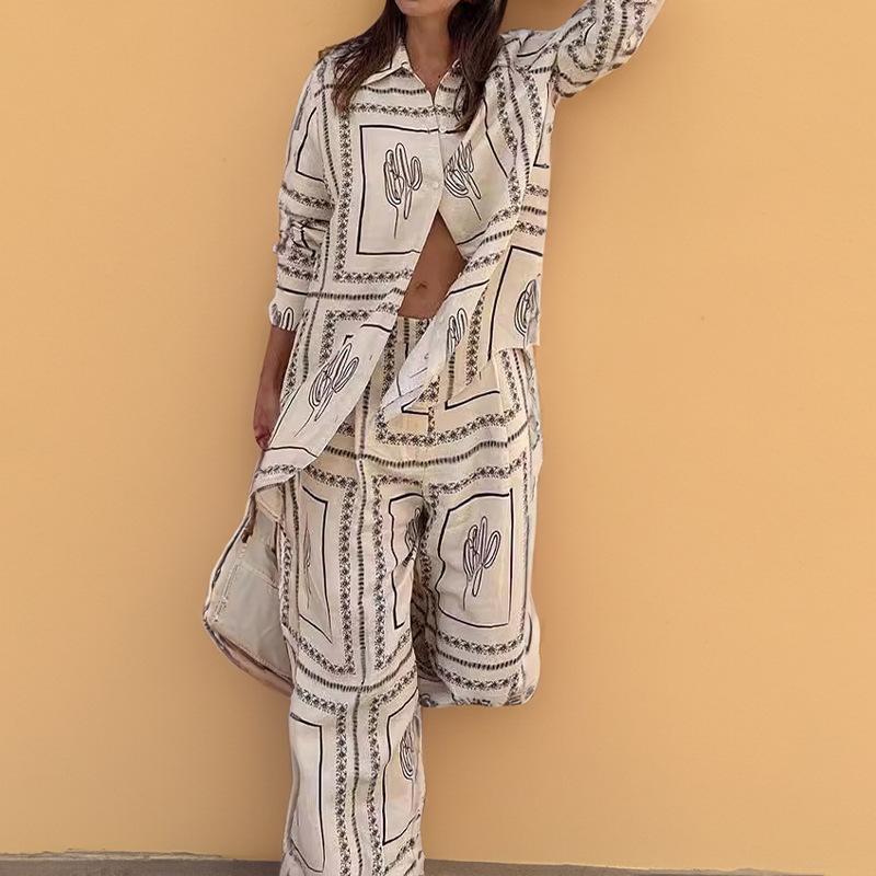 Female Printed Shirts Two Piece Set Lapel Long Sleeve Top High Waist Wide Leg Pants Spring Summer Women Home Wear Suits