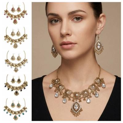 Metal Rhinestone Jewelry Set Water Drop Pendant Bohemia Style Necklace Earrings Set Exaggeration Hollowed Out