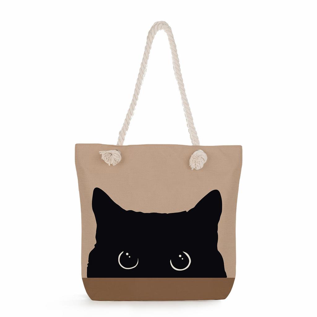 Bicolor cat print thick rope single-shoulder beach bag 7283 CLE