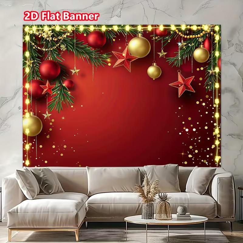 2D Shiny Christmas Backdrop Red Background with Pine, Balls and Golden Stars Decoration