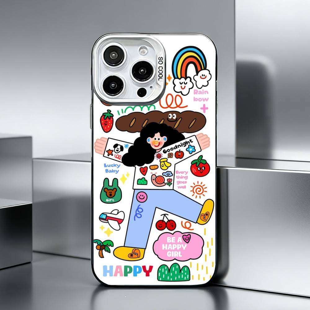 Ins Korean funny and happy girl Phone Case For iPhone 17,16,15,14,13,12,11 Plus,Pro Max,XS,Colored silver phone case