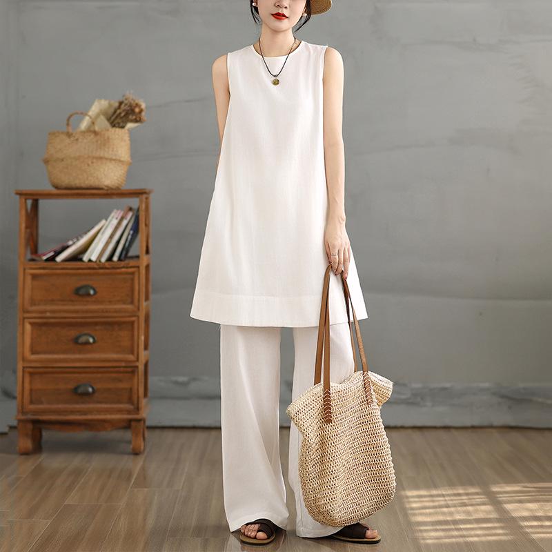 Women's Summer Fashion Linen Suit: Relaxed Fit Camisole Dress & Wide Leg Pants Two-Piece Set
