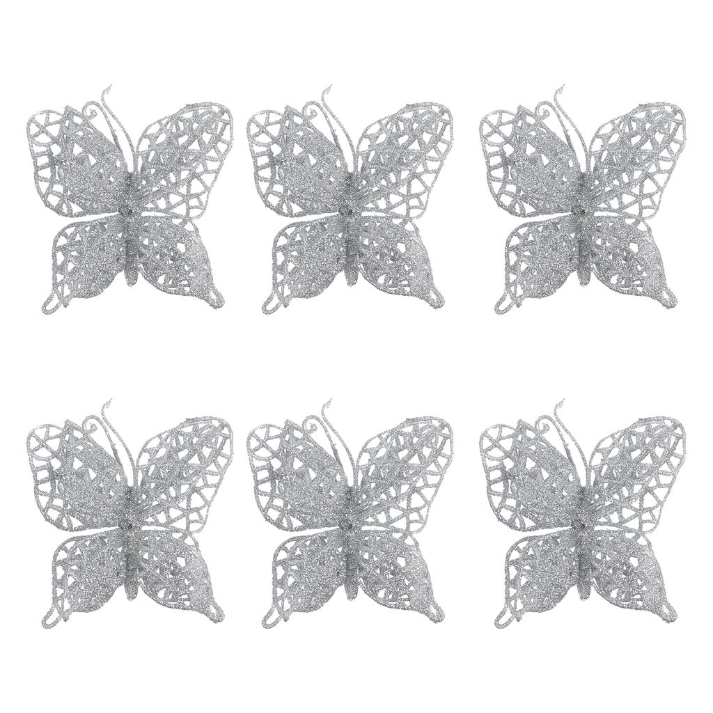 6pcs Sparkling Butterfly Flower Christmas Tree Drop Ornaments 8cm Butterfly Bows Gift Wraping Bowknot Ribbons Wedding Decoration
