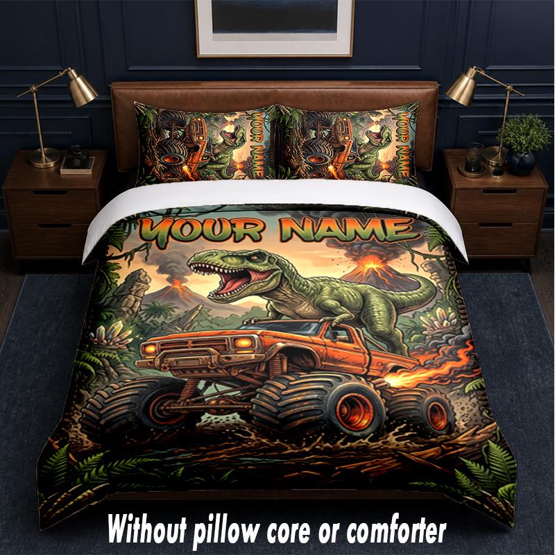Set de așternut cu tematică Monster Truck, text sau nume personalizat, 3 piese, 1 cearșaf plat și 2 fețe de pernă, așternut personalizat pentru casă