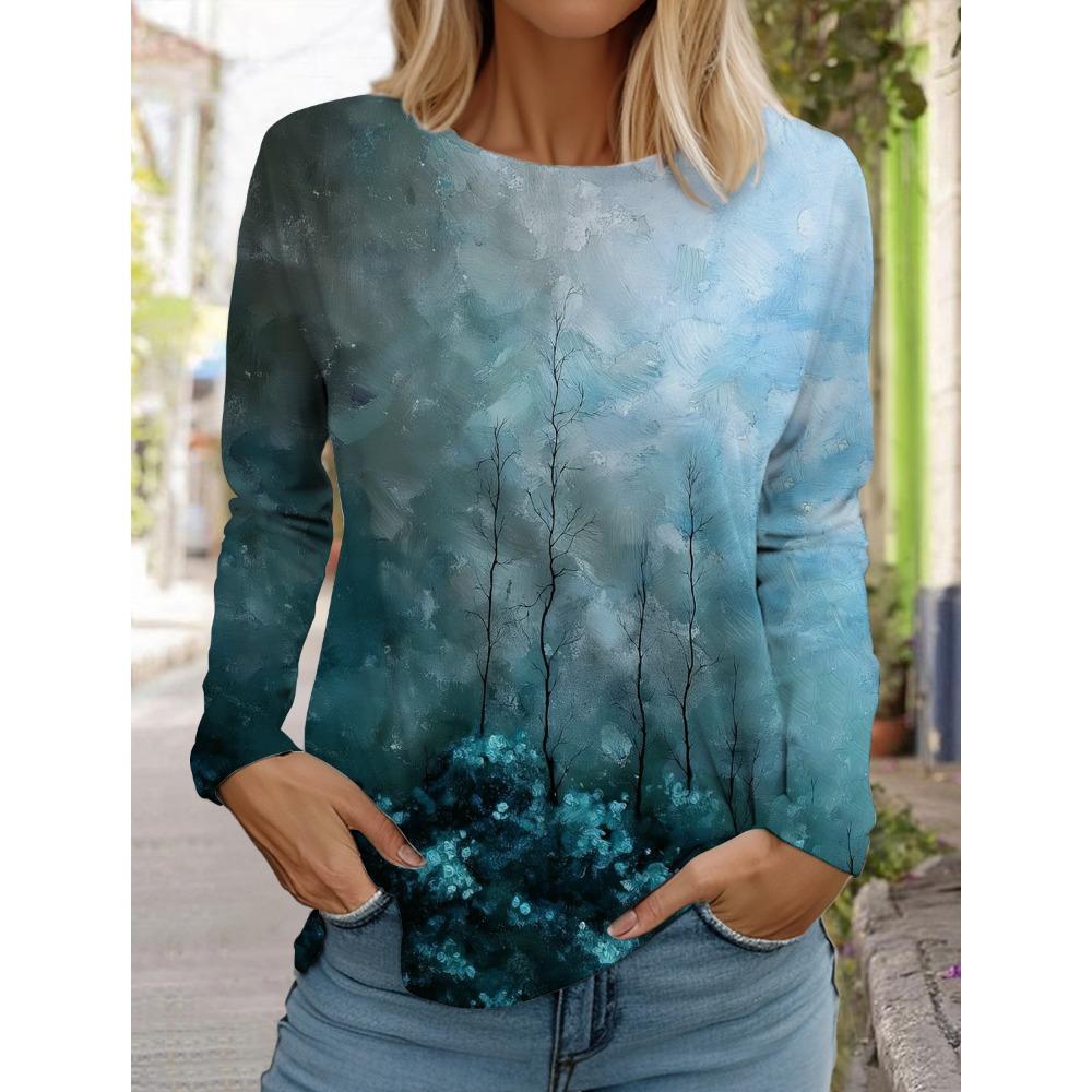Women's Printed Color T-shirt Fashion Long-sleeved Round Neck Regular Tops Spring and Autumn Wear