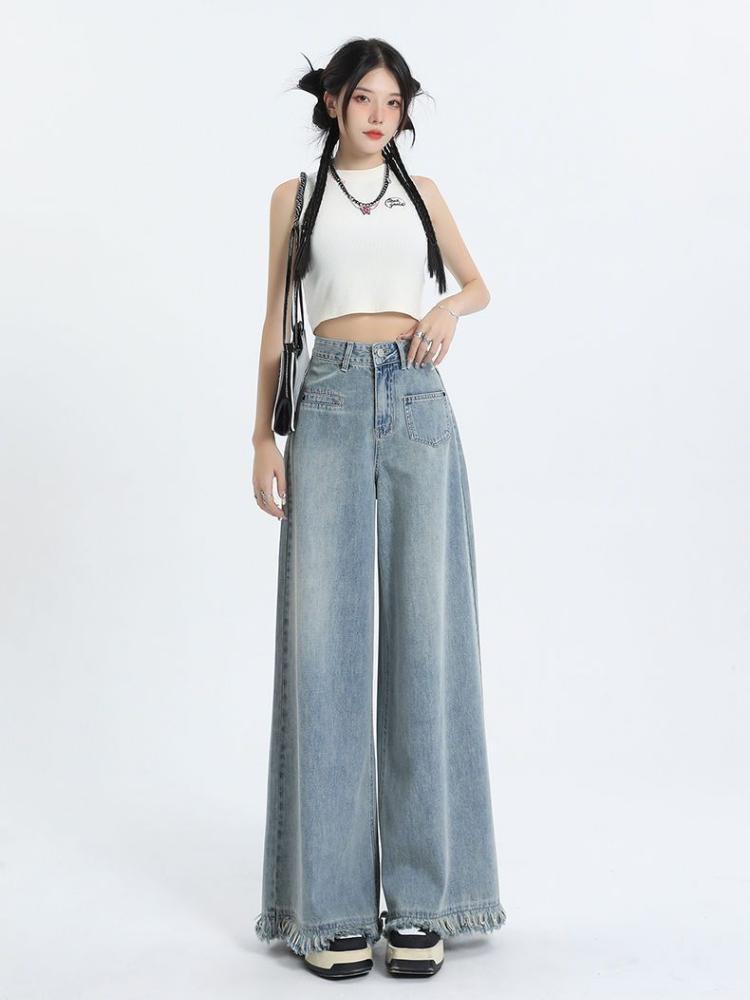American Retro Super Wide-leg Jeans, dámské nové, s vysokým pasem, zeštíhlující design, světlé kalhoty s rozšířeným vzorem