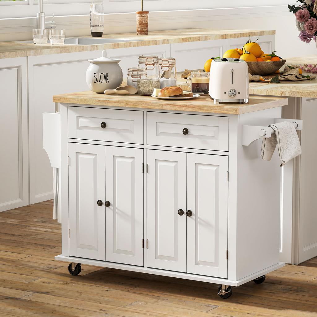 Kitchen Island Trolley Multi-Storage 2 Drawers 2 Cupboards 2 Doors with Shelf Bottle Rack Towel Rack and Adjustable Shelf MDF White Rubberwood
