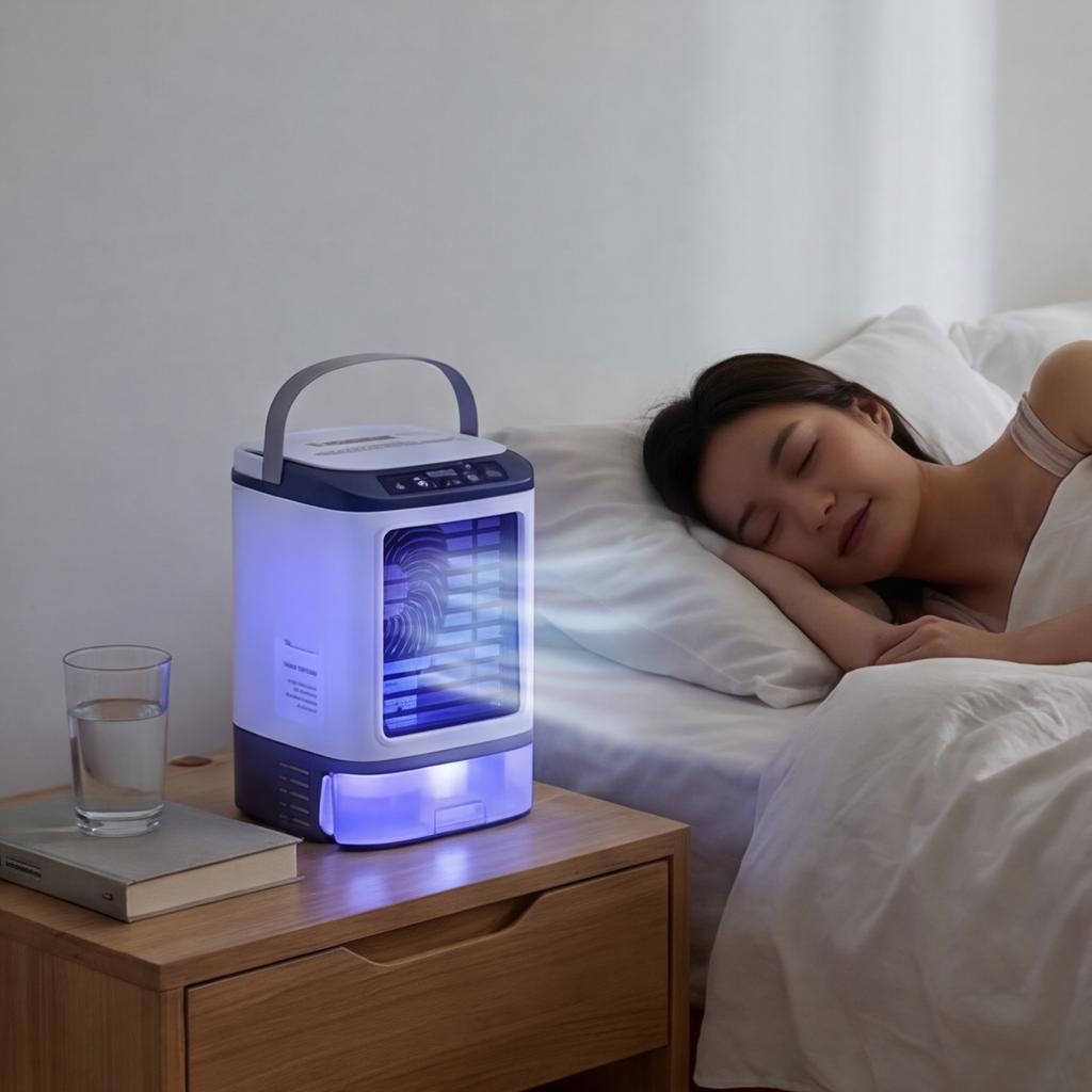 Mini Air Conditioner: 4-in-1 Portable Evaporative Cooler with 900ML Tank - 4 Speeds 2 Mist Modes 7 Color LED Light Rechargeable Personal Cooling