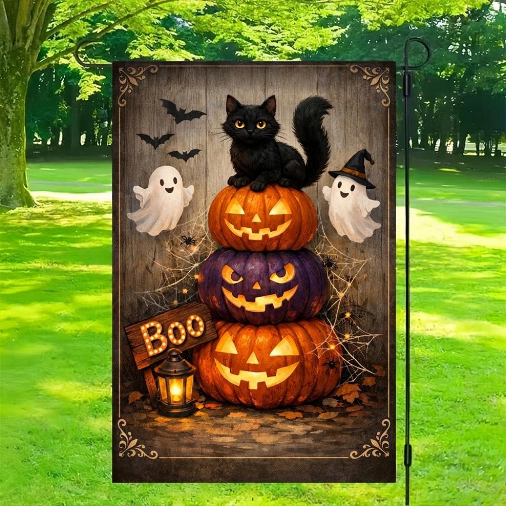2D Flat Print Halloween Garden Flag Single Sided Haunted House Pumpkin Black Cat Cloth Spooky Polyester Halloween Outdoor Banner